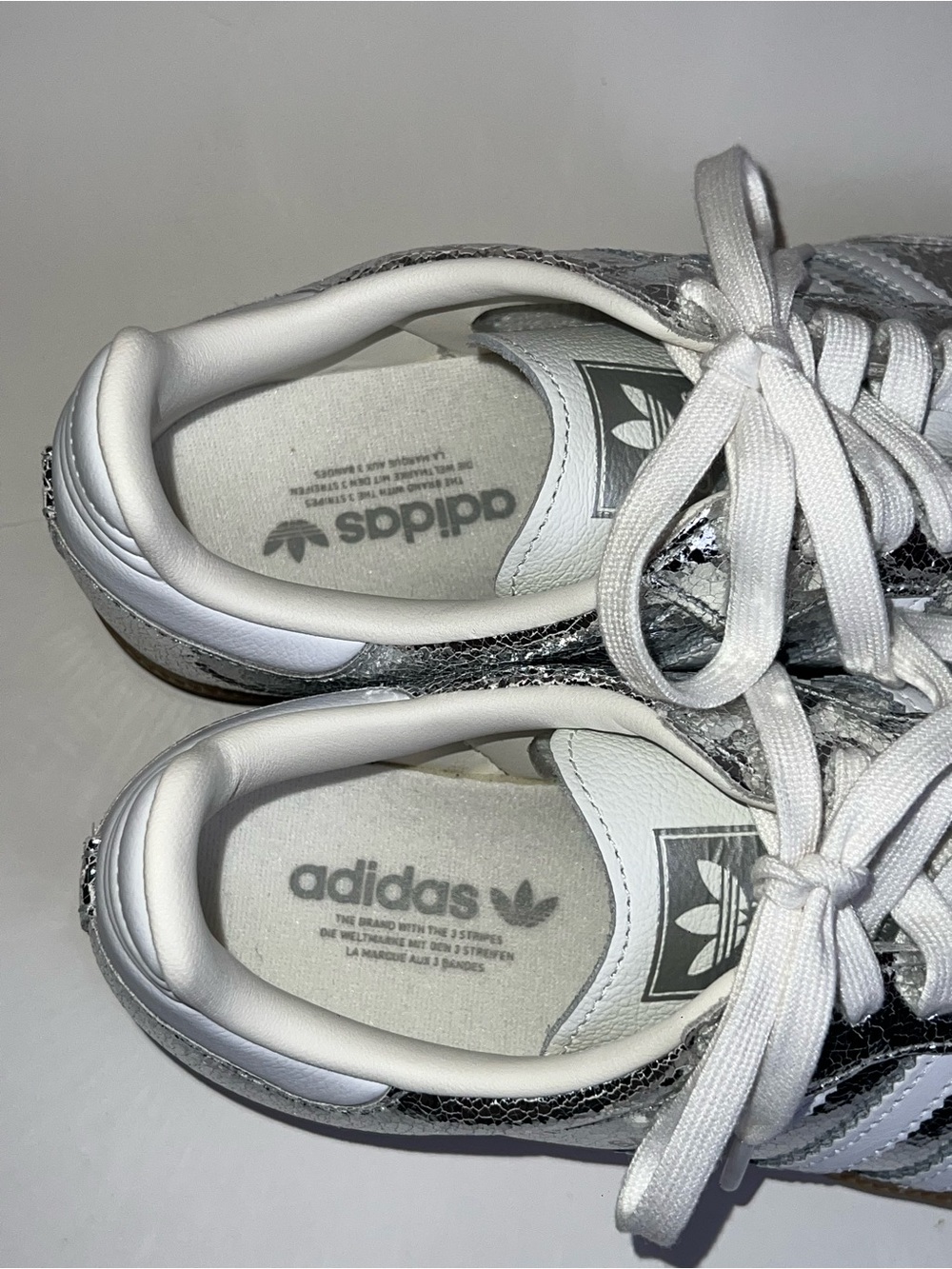 NWOT ADIDAS Samba Sneakers Featuring Silver Cracked Metallic Leather Upper - Picture 9 of 13